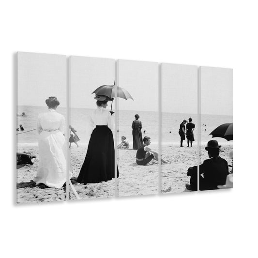 Woman with Umbrella Victorian Beach Photo Black and White Art, 5 Pieces Large Canvas Print