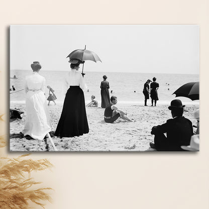 Woman with Umbrella Victorian Beach Photo Black and White Art, Canvas Print Wall Art Decor