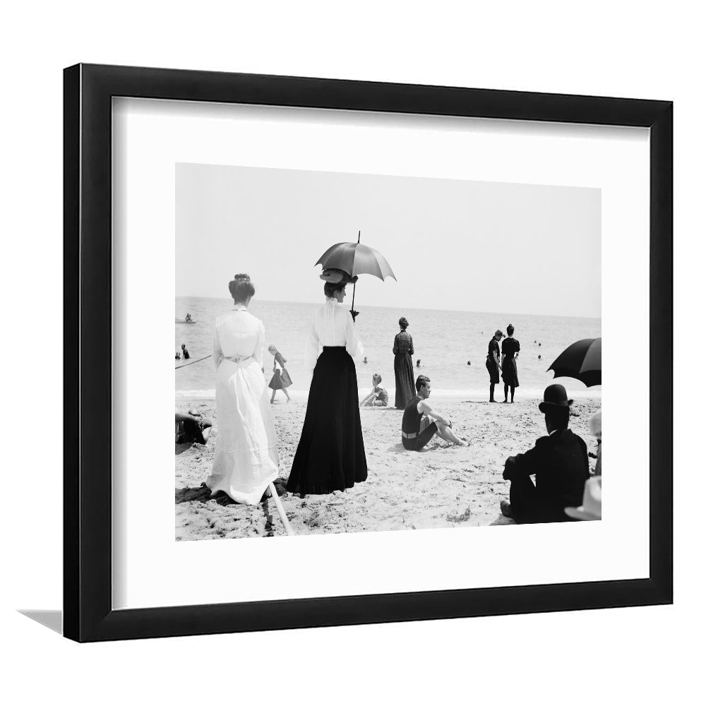 Woman with Umbrella Victorian Beach Photo Black and White Art, Framed Art Print White Border Wall Decor