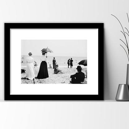 Woman with Umbrella Victorian Beach Photo Black and White Art, Framed Art Print White Border Wall Decor
