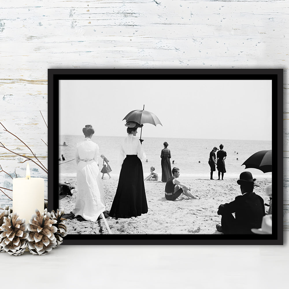 Woman with Umbrella Victorian Beach Photo Black and White Art, Floating Framed Canvas Print