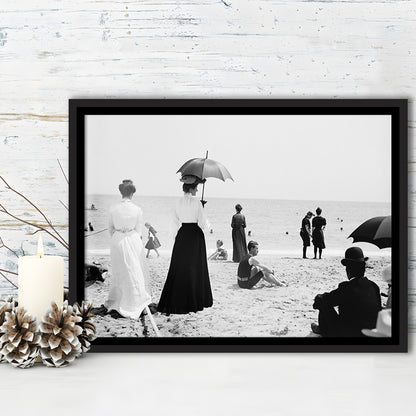 Woman with Umbrella Victorian Beach Photo Black and White Art, Floating Framed Canvas Print
