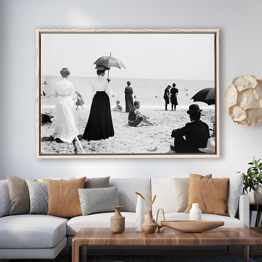 Woman with Umbrella Victorian Beach Photo Black and White Art, Floating Framed Canvas Print