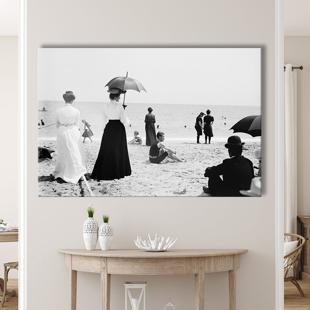 Woman with Umbrella Victorian Beach Photo Black and White Art, Canvas Print Wall Art Decor