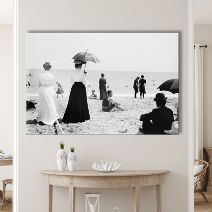 Woman with Umbrella Victorian Beach Photo Black and White Art, Canvas Print Wall Art Decor