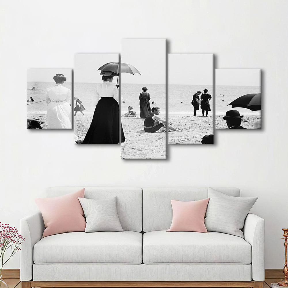 Woman with Umbrella Victorian Beach Photo Black and White Art, Mixed 5 Pieces Canvas Print