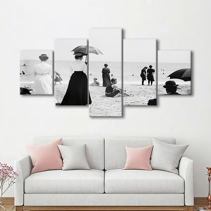 Woman with Umbrella Victorian Beach Photo Black and White Art, Mixed 5 Pieces Canvas Print