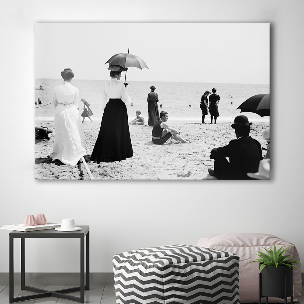 Woman with Umbrella Victorian Beach Photo Black and White Art, Canvas Print Wall Art Decor