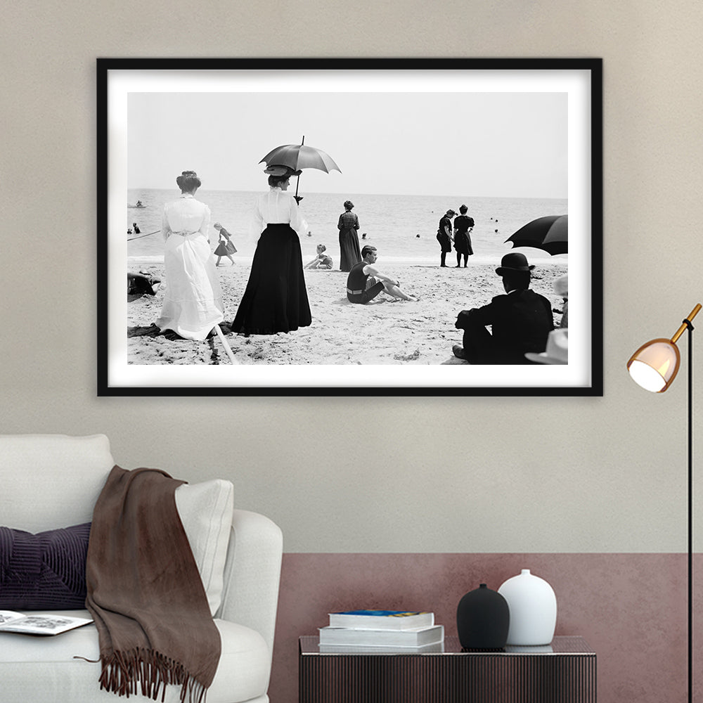 Woman with Umbrella Victorian Beach Photo Black and White Art, Framed Art Print White Border Wall Decor