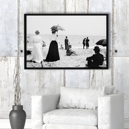 Woman with Umbrella Victorian Beach Photo Black and White Art, Floating Framed Canvas Print