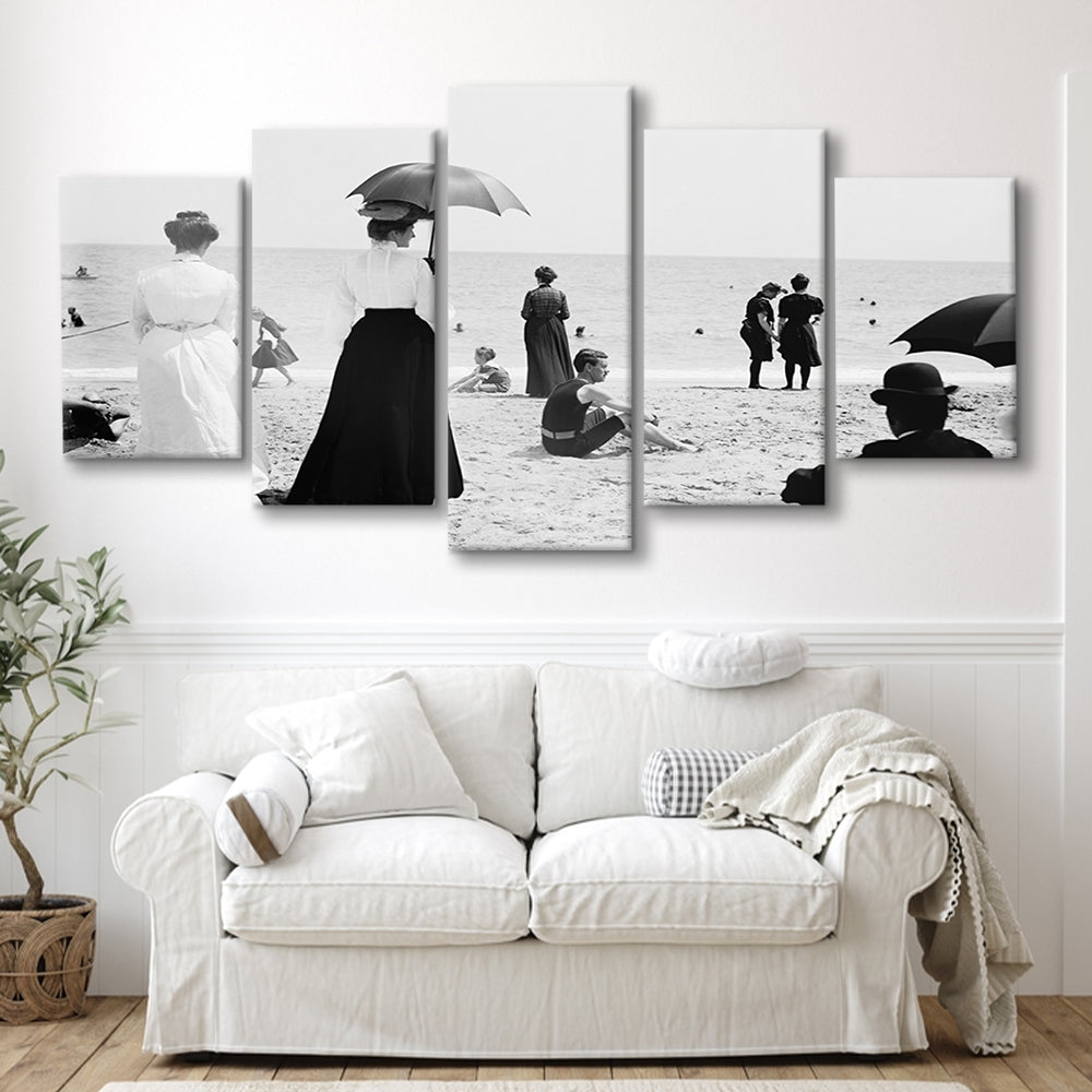 Woman with Umbrella Victorian Beach Photo Black and White Art, Mixed 5 Pieces Canvas Print