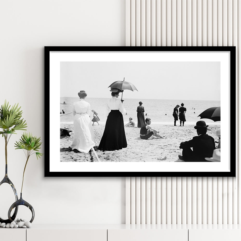 Woman with Umbrella Victorian Beach Photo Black and White Art, Framed Art Print White Border Wall Decor