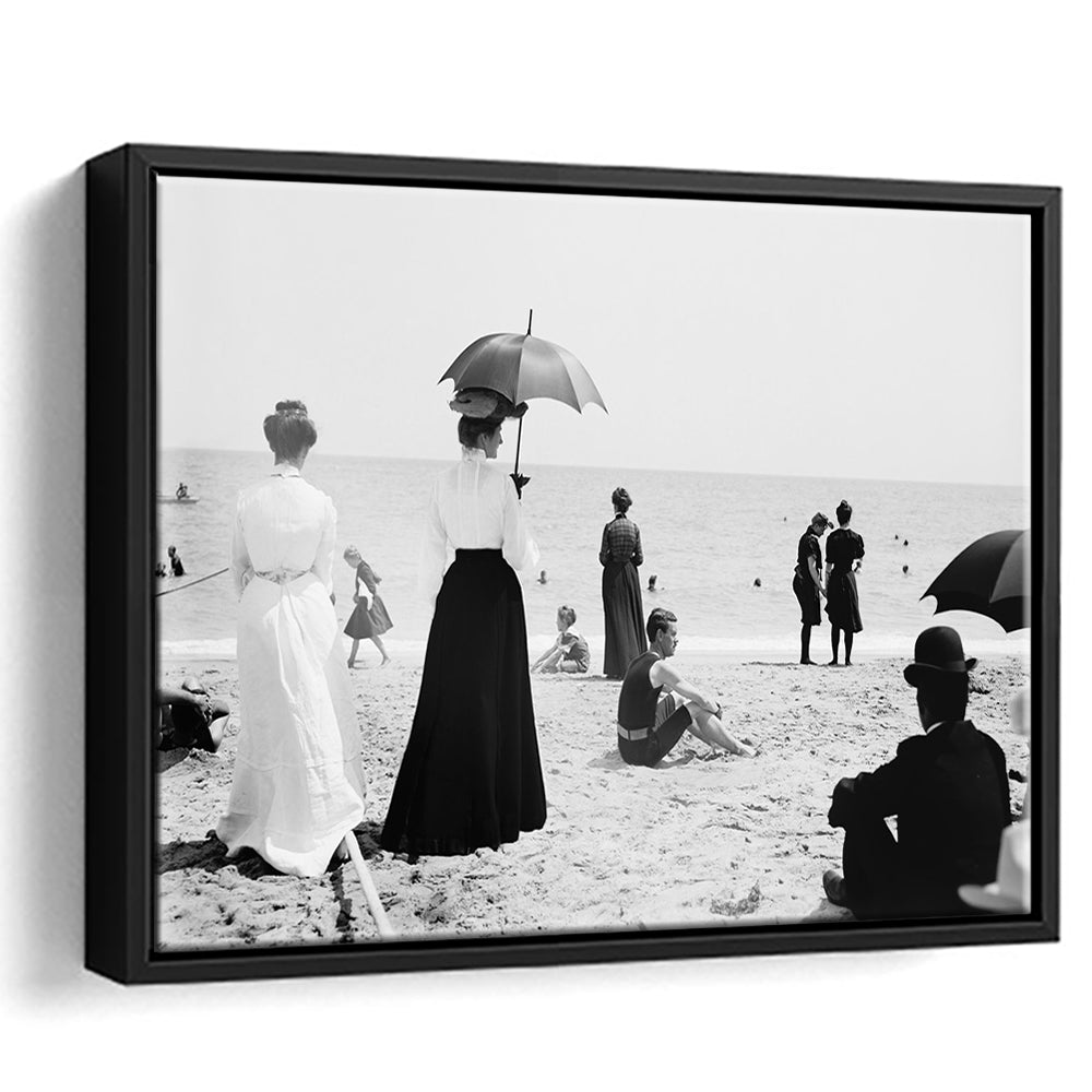 Woman with Umbrella Victorian Beach Photo Black and White Art, Floating Framed Canvas Print