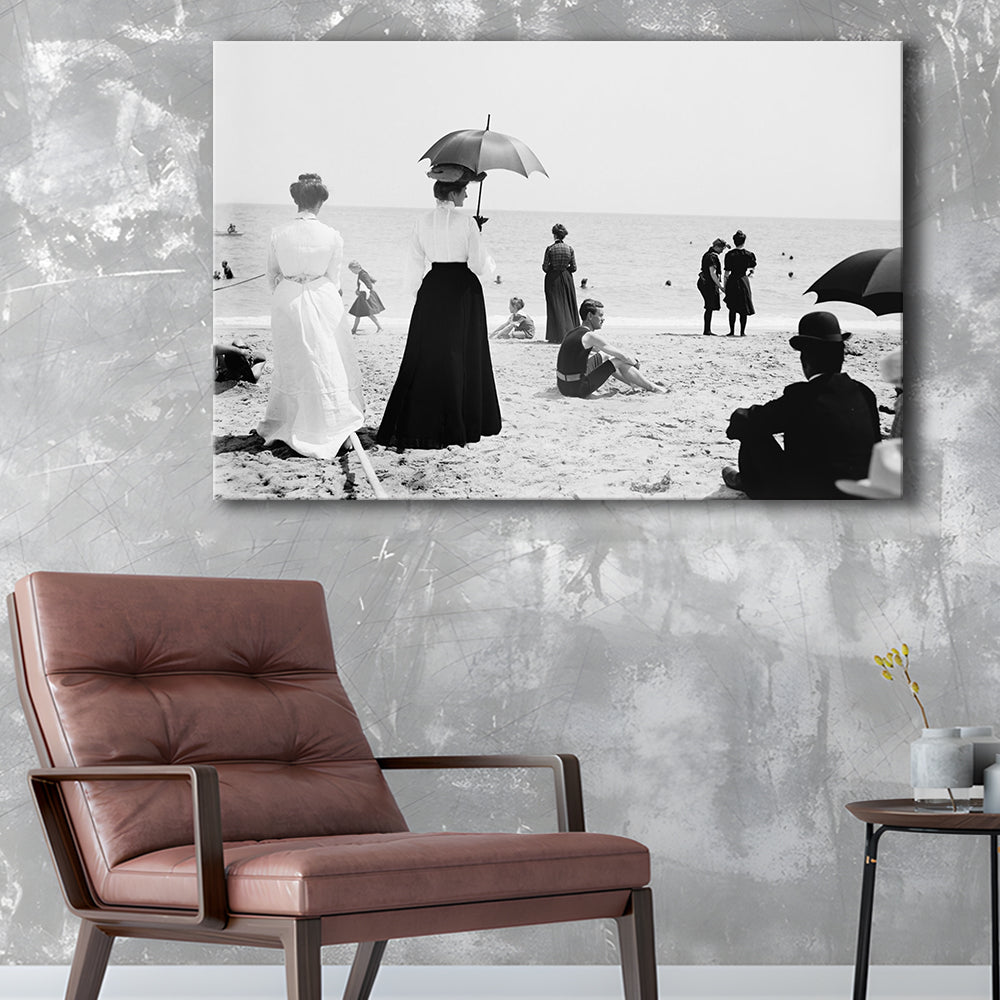 Woman with Umbrella Victorian Beach Photo Black and White Art, Canvas Print Wall Art Decor