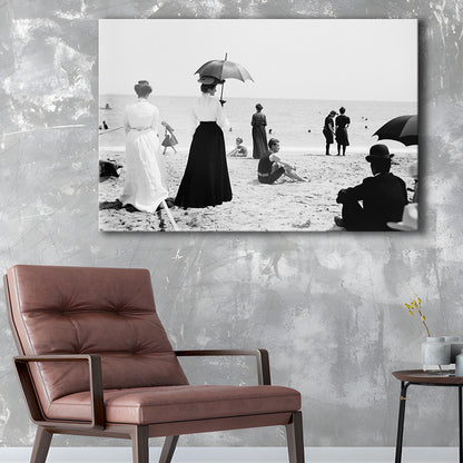 Woman with Umbrella Victorian Beach Photo Black and White Art, Canvas Print Wall Art Decor