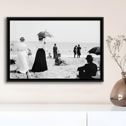Woman with Umbrella Victorian Beach Photo Black and White Art, Floating Framed Canvas Print