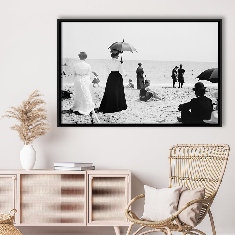 Woman with Umbrella Victorian Beach Photo Black and White Art, Floating Framed Canvas Print