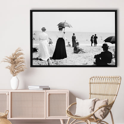 Woman with Umbrella Victorian Beach Photo Black and White Art, Floating Framed Canvas Print