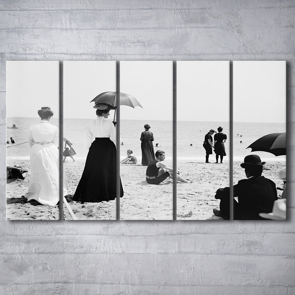Woman with Umbrella Victorian Beach Photo Black and White Art, 5 Pieces Large Canvas Print
