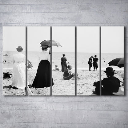 Woman with Umbrella Victorian Beach Photo Black and White Art, 5 Pieces Large Canvas Print