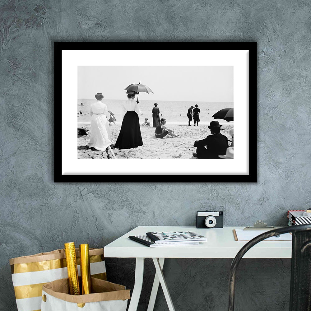 Woman with Umbrella Victorian Beach Photo Black and White Art, Framed Art Print White Border Wall Decor