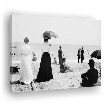 Woman with Umbrella Victorian Beach Photo Black and White Art, Canvas Print Wall Art Decor