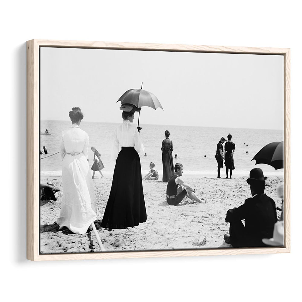 Woman with Umbrella Victorian Beach Photo Black and White Art, Floating Framed Canvas Print
