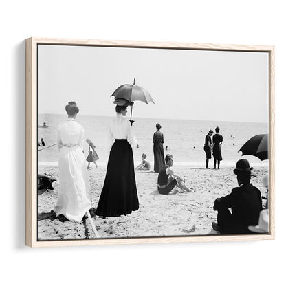 Woman with Umbrella Victorian Beach Photo Black and White Art, Floating Framed Canvas Print