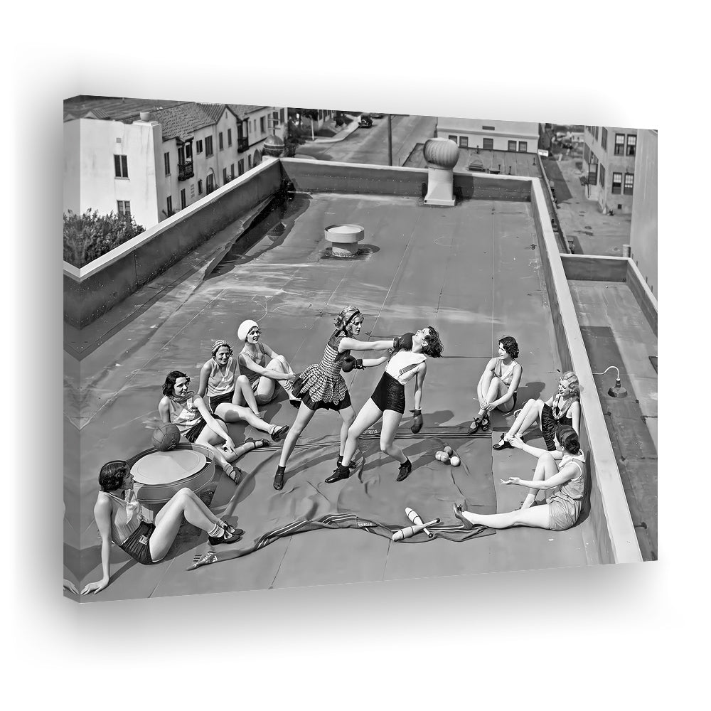 Women Boxing on Rooftop Canvas Print Wall Art, Black and White Print, Feminist Print, Vintage Canvas Print Wall Art