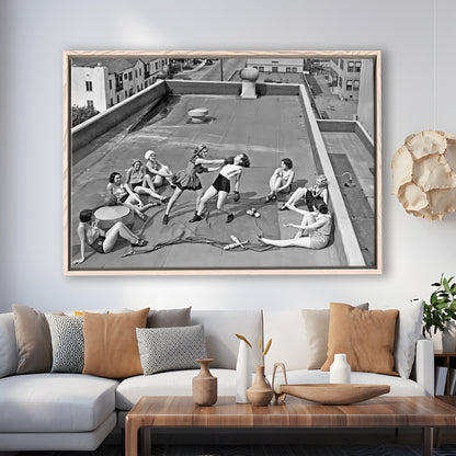 Women Boxing on Rooftop Framed Canvas Print Wall Art, Black and White, Feminist Print, Vintage Wall Art