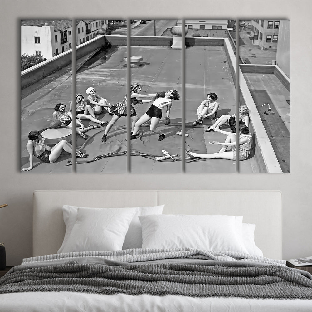Women Boxing on Rooftop 5 Panels Canvas Print Wall Art, Black and White, Feminist Print, Vintage Wall Art