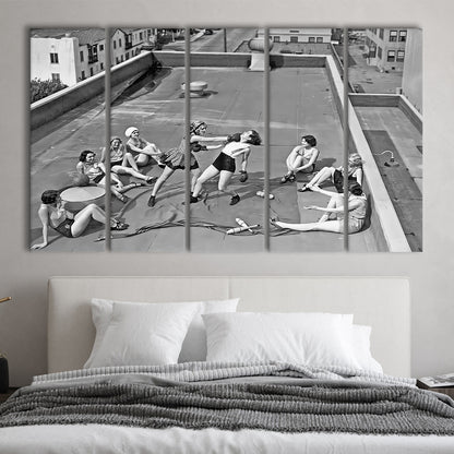 Women Boxing on Rooftop 5 Panels Canvas Print Wall Art, Black and White, Feminist Print, Vintage Wall Art