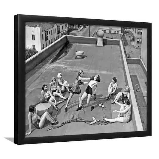 Women Boxing on Rooftop Framed Art Print Wall Decor, Black and White, Feminist Print, Vintage Wall Art