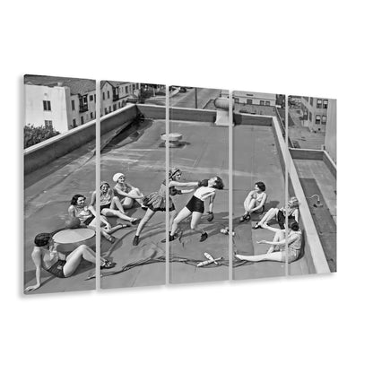 Women Boxing on Rooftop 5 Panels Canvas Print Wall Art, Black and White, Feminist Print, Vintage Wall Art