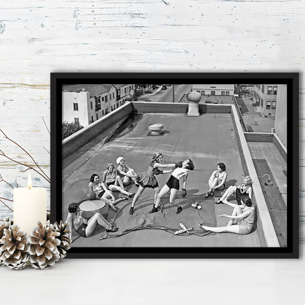 Women Boxing on Rooftop Framed Canvas Print Wall Art, Black and White, Feminist Print, Vintage Wall Art