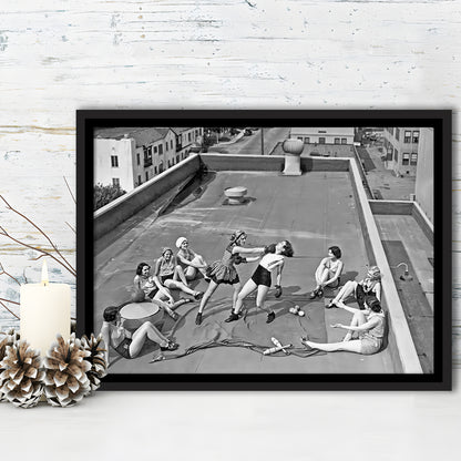 Women Boxing on Rooftop Framed Canvas Print Wall Art, Black and White, Feminist Print, Vintage Wall Art