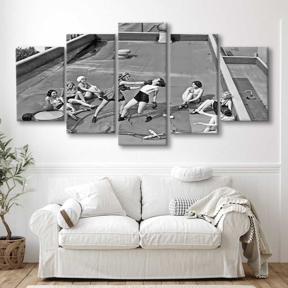 Women Boxing on Rooftop Mixed Canvas Print Wall Art, Black and White, Feminist Print, Vintage Wall Art