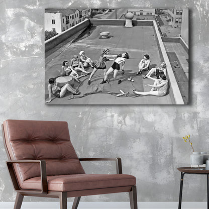 Women Boxing on Rooftop Canvas Print Wall Art, Black and White Print, Feminist Print, Vintage Canvas Print Wall Art