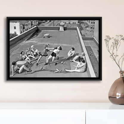 Women Boxing on Rooftop Framed Canvas Print Wall Art, Black and White, Feminist Print, Vintage Wall Art