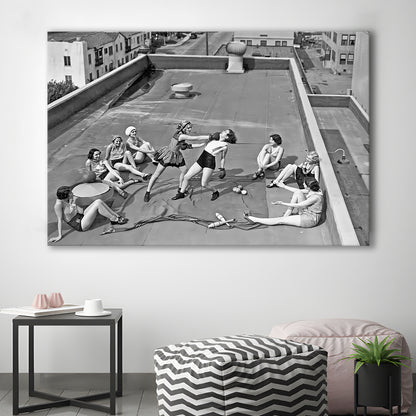 Women Boxing on Rooftop Canvas Print Wall Art, Black and White Print, Feminist Print, Vintage Canvas Print Wall Art