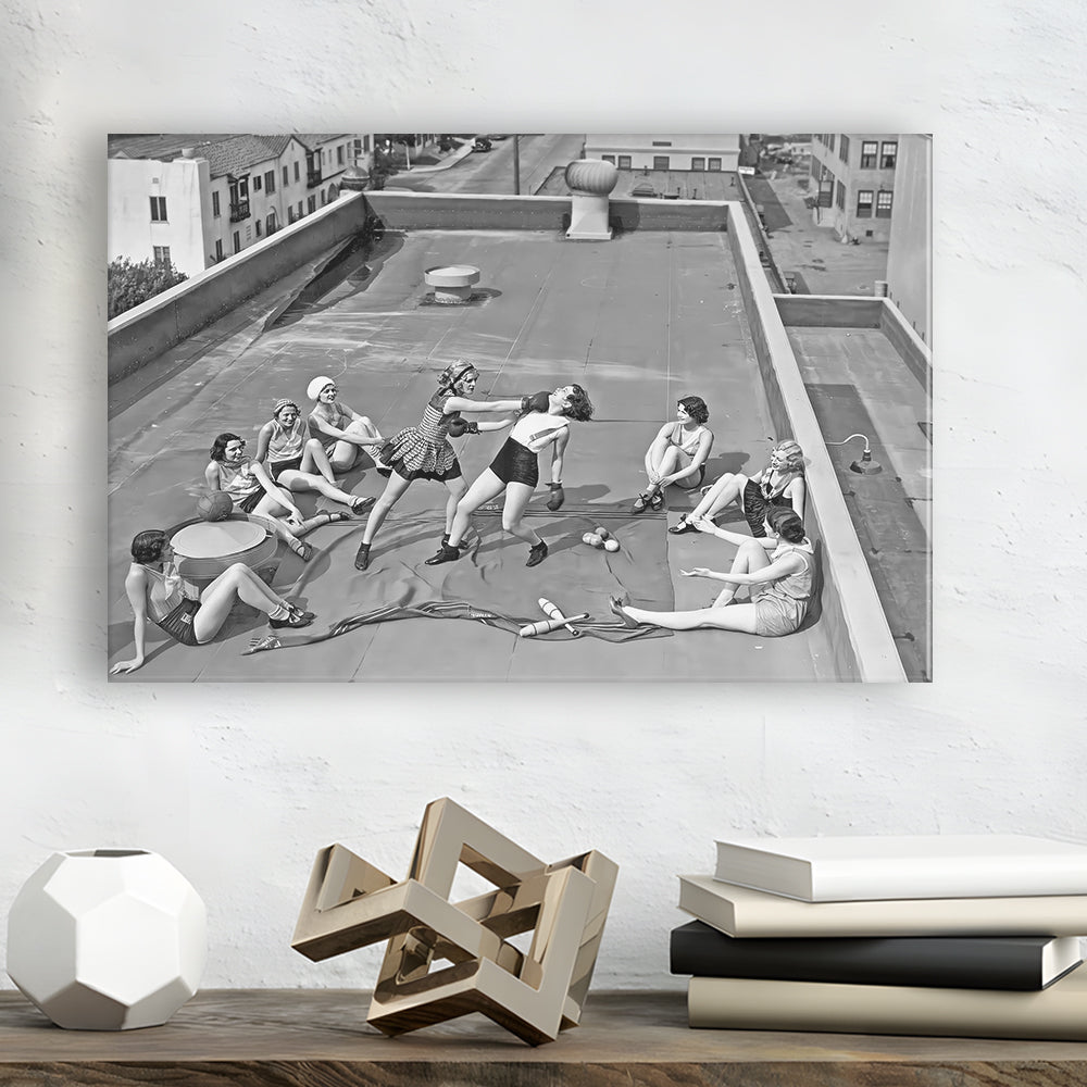 Women Boxing on Rooftop Canvas Print Wall Art, Black and White Print, Feminist Print, Vintage Canvas Print Wall Art