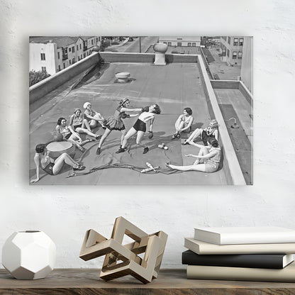 Women Boxing on Rooftop Canvas Print Wall Art, Black and White Print, Feminist Print, Vintage Canvas Print Wall Art