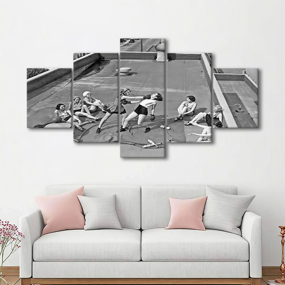 Women Boxing on Rooftop Mixed Canvas Print Wall Art, Black and White, Feminist Print, Vintage Wall Art