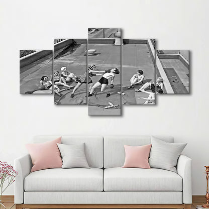 Women Boxing on Rooftop Mixed Canvas Print Wall Art, Black and White, Feminist Print, Vintage Wall Art