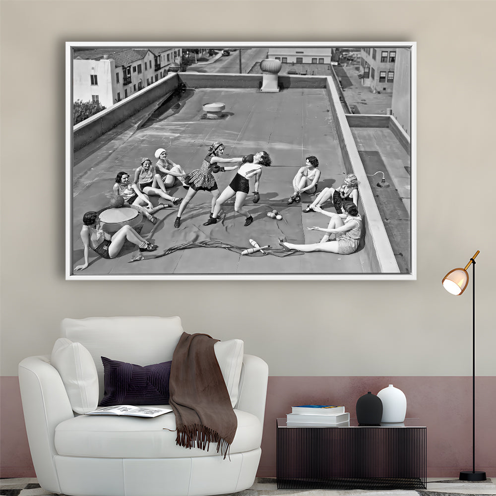 Women Boxing on Rooftop Framed Canvas Print Wall Art, Black and White, Feminist Print, Vintage Wall Art