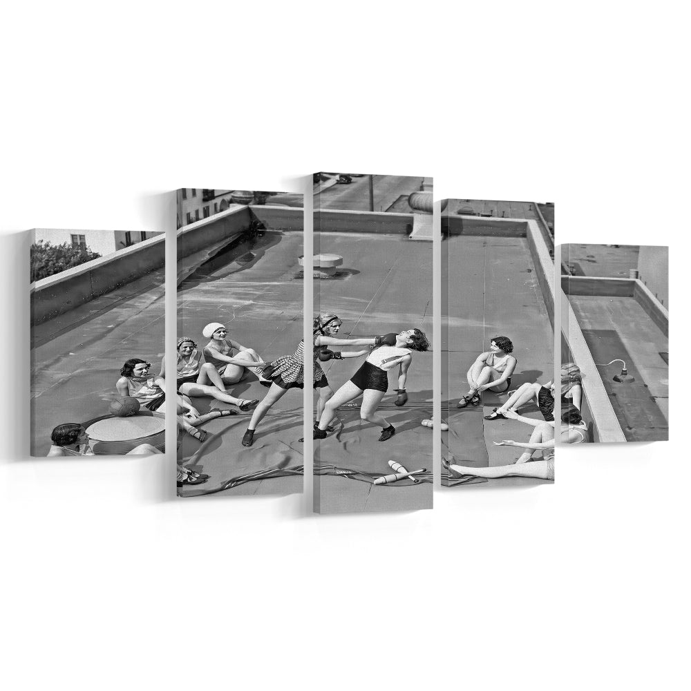 Women Boxing on Rooftop Mixed Canvas Print Wall Art, Black and White, Feminist Print, Vintage Wall Art