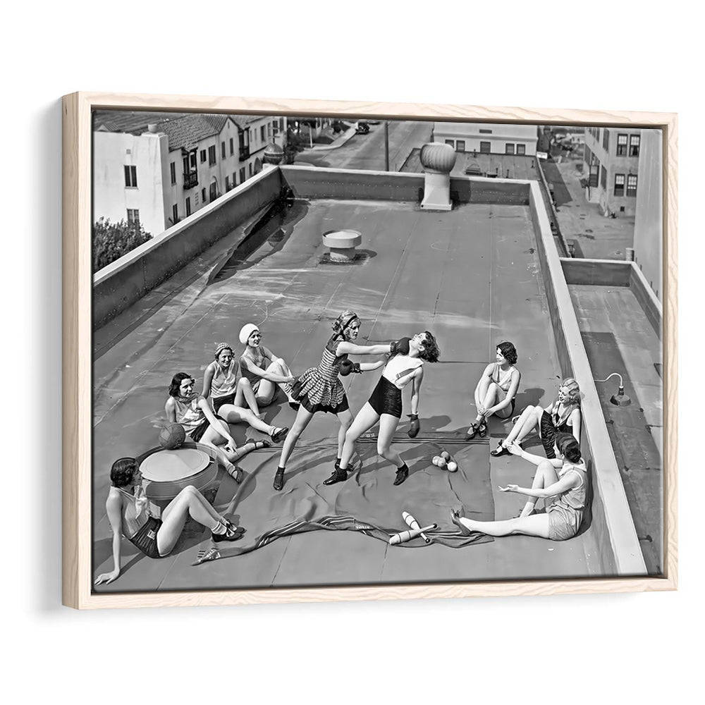 Women Boxing on Rooftop Framed Canvas Print Wall Art, Black and White, Feminist Print, Vintage Wall Art