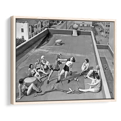 Women Boxing on Rooftop Framed Canvas Print Wall Art, Black and White, Feminist Print, Vintage Wall Art