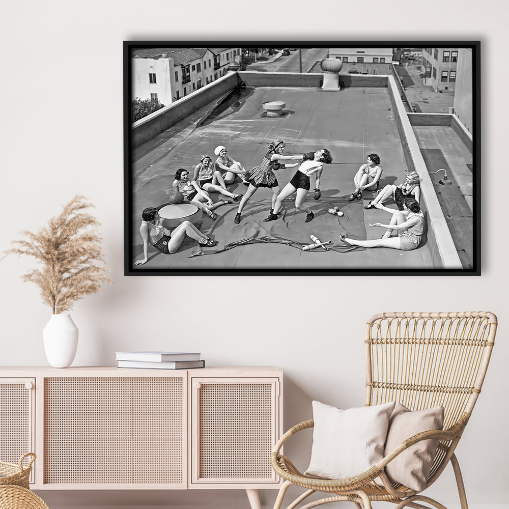 Women Boxing on Rooftop Framed Canvas Print Wall Art, Black and White, Feminist Print, Vintage Wall Art