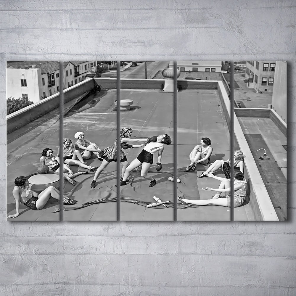 Women Boxing on Rooftop 5 Panels Canvas Print Wall Art, Black and White, Feminist Print, Vintage Wall Art